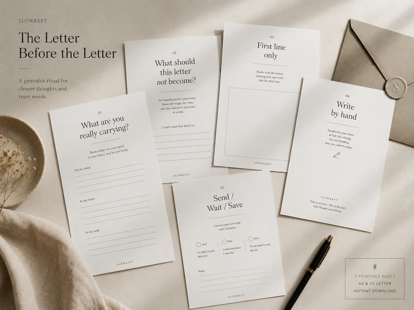 Mockup of SLOWKEPT guided printable pages