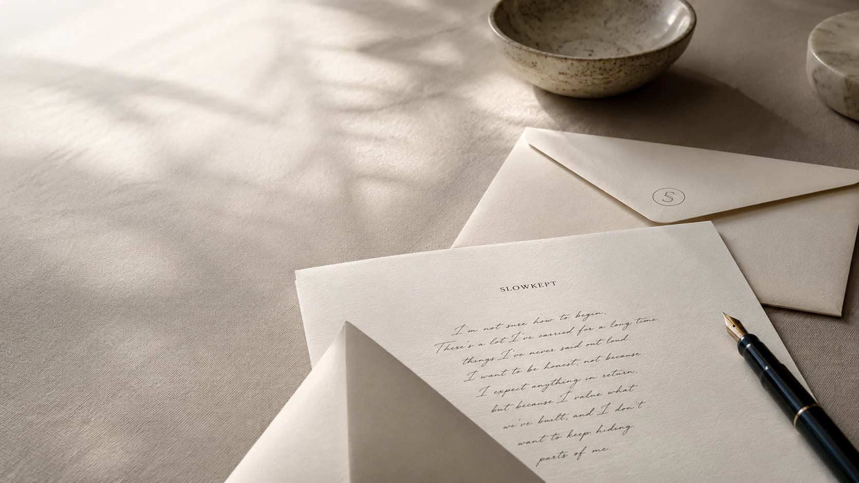 A quiet SLOWKEPT letter ritual with paper, envelope, and pen