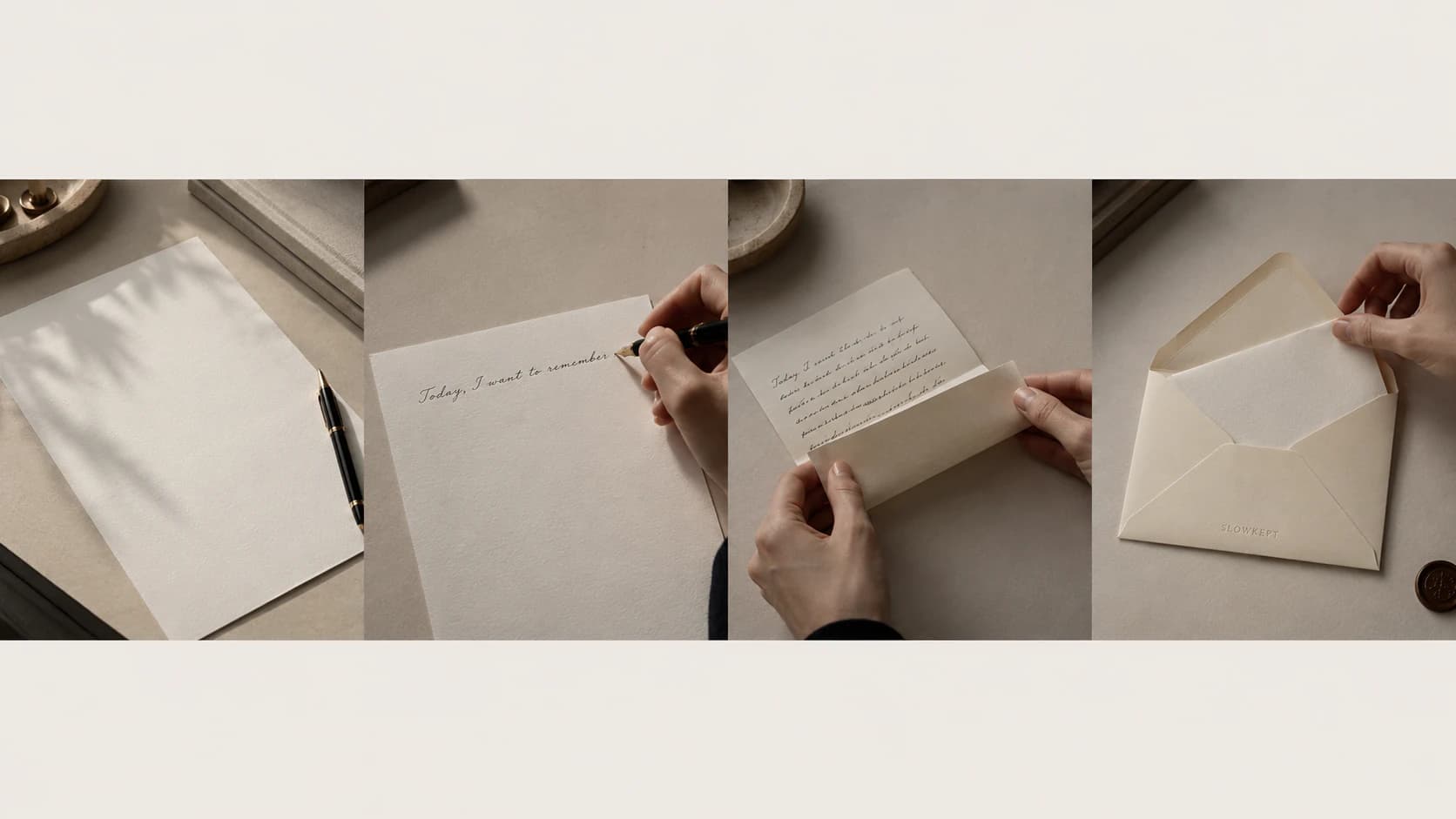 A four-part SLOWKEPT letter ritual sequence with paper, handwriting, folding, and envelope