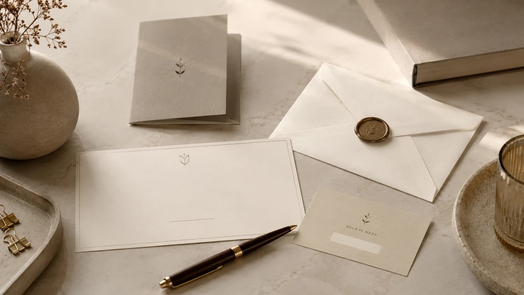 A quiet letter writing arrangement with paper, envelopes, a pen, ribbon, and a wax seal