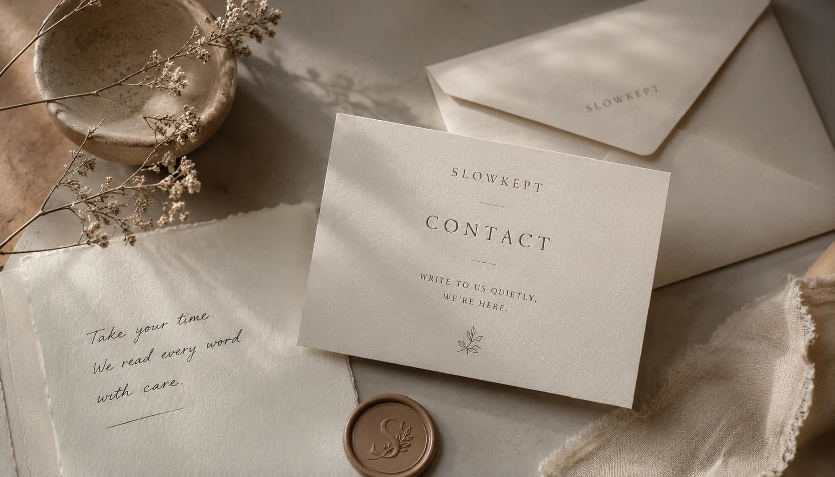 A premium SLOWKEPT contact card with an envelope, paper, and soft neutral light