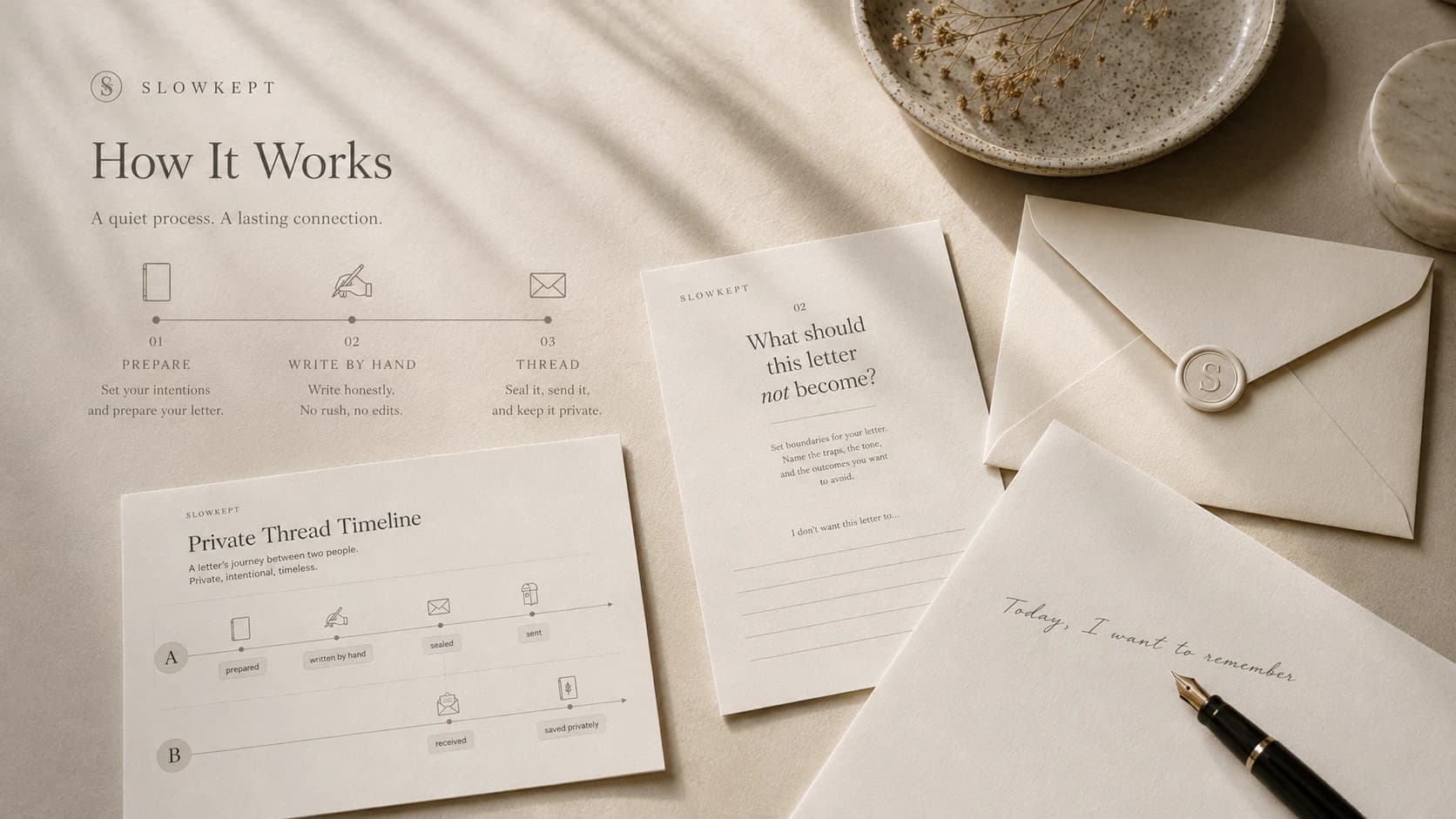 SLOWKEPT process with a printable guide, handwritten letter, envelope, and private timeline