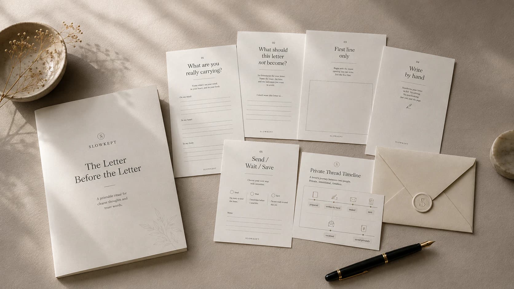 The Letter Before the Letter printable guide with guided pages, envelope, private thread card, and pen