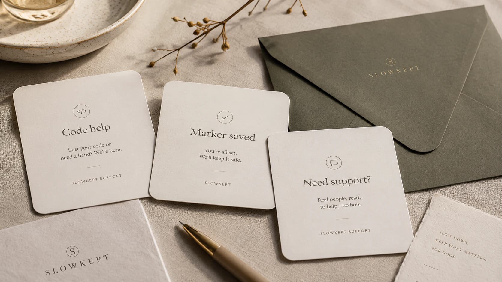 SLOWKEPT pricing overview with quiet stationery, pricing cards, envelopes, and writing tools