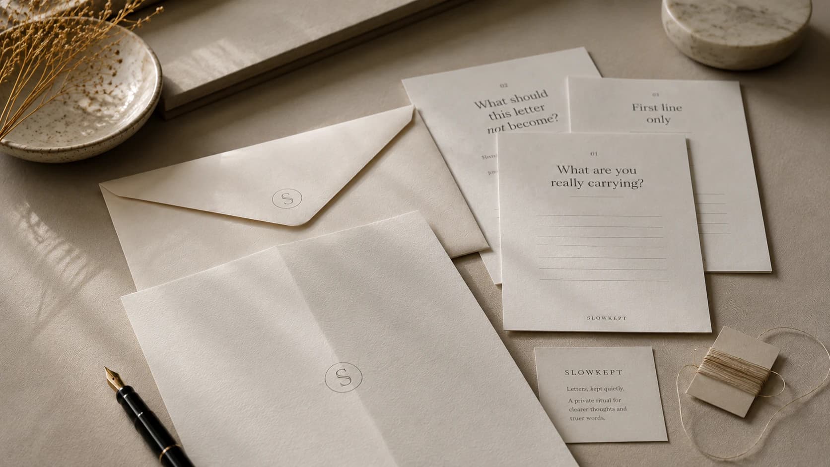SLOWKEPT printable guide with envelope, guide pages, paper, thread, and pen
