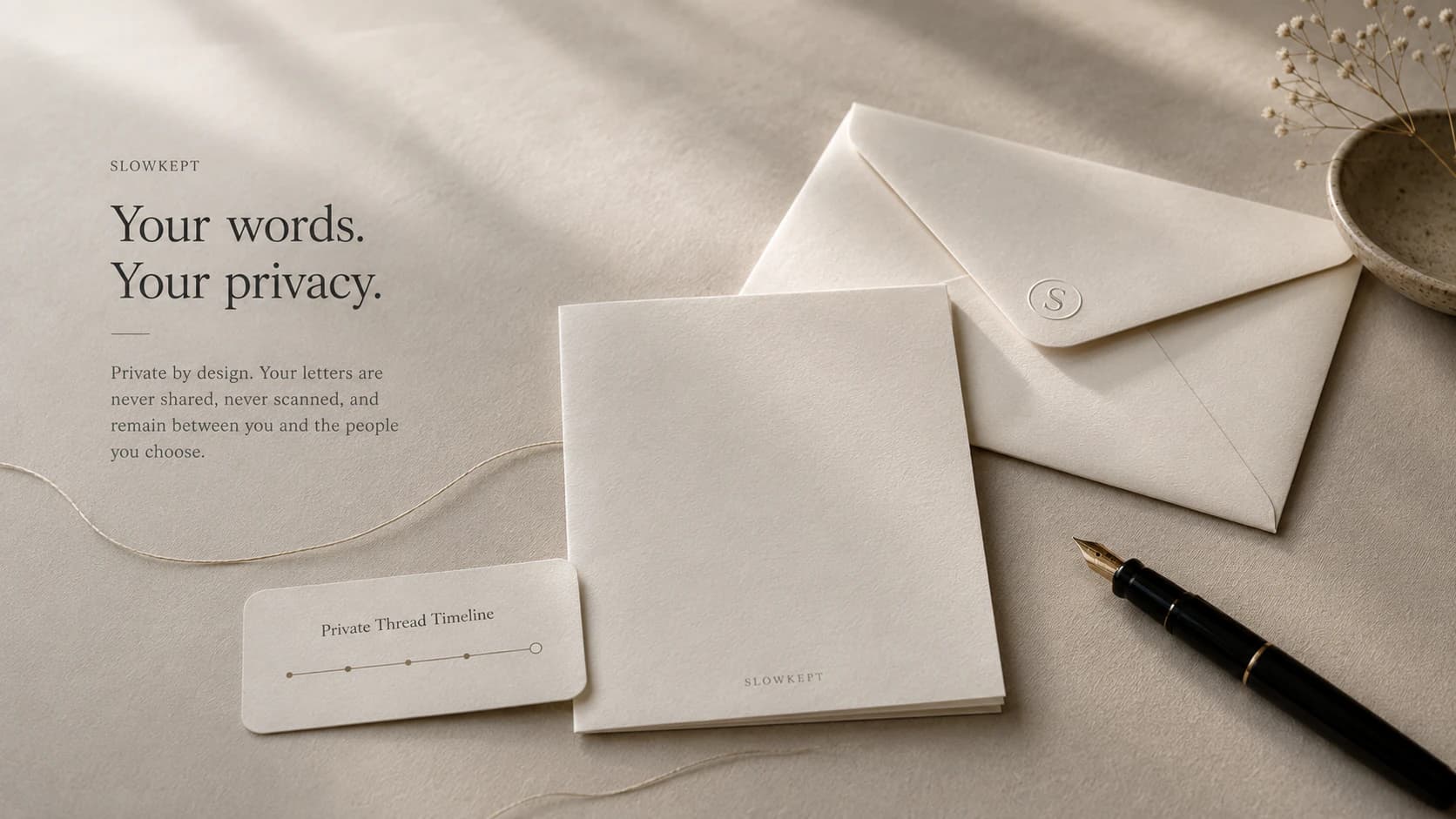 SLOWKEPT privacy promise visual with blank private letter, sealed envelope, timeline card, and pen