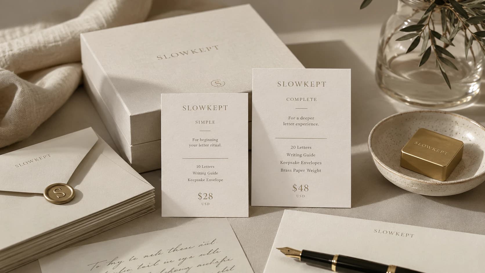 SLOWKEPT start page visual with a blank letter, envelope, fountain pen, and a Begin quietly card